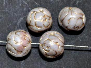Glasperlen Röschen
 light dusty graey mattiert ( frostet )
 mit Goldauflage