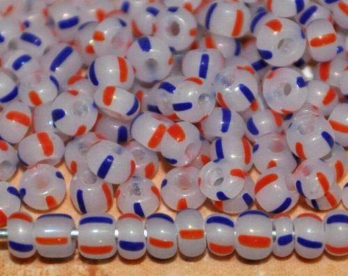 Rocailles von Ornella Preciosa Tschechien,  alabasterweiß blau rot gestreift