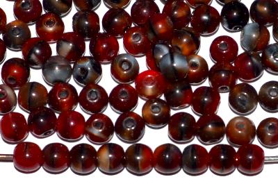 Glasperlen rund, rotbraun marmoriert opak, hergestellt in Gablonz / Tschechien
