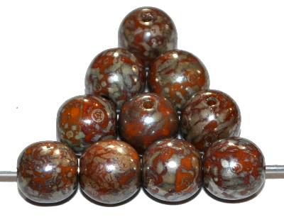 Glasperlen rund,
 mit burning silver picasso finish,
 hergestellt in Gablonz / Tschechien