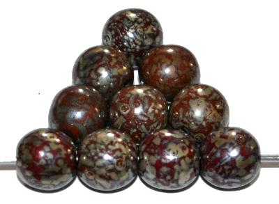 Glasperlen rund,
 mit burning silver picasso finish,
 hergestellt in Gablonz / Tschechien