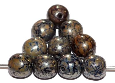 Glasperlen rund,
 mit burning silver picasso finish,
 hergestellt in Gablonz / Tschechien