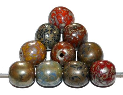 Glasperlen rund,
 mit burning silver picasso finish,
 hergestellt in Gablonz / Tschechien