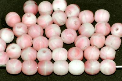Glasperlen rund
 rosa weiß opak marmoriert / mattiert,
 hergestellt in Gablonz / Tschechie