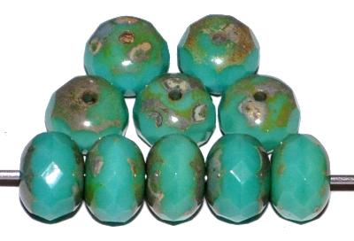 Glasperlen Linse mit facettiertem Rand türkisgrün opak und picasso finish, hergestellt in Gablonz / Tschechien