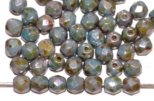 facettierte Glasperlen
 blaugrau mit picasso finish und lüster,
 hergestellt in Gablonz / Tschechien