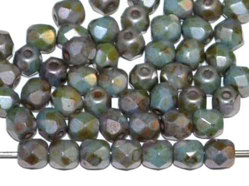facettierte Glasperlen
 graugrün mit picasso finish und metallic lüster,
 hergestellt in Gablonz / Tschechien