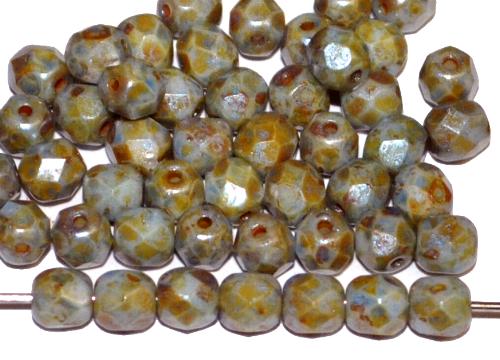 facettierte Glasperlen
 blaugrau mit picasso finish,
 hergestellt in Gablonz / Tschechien