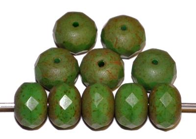 Glasperlen Linse mit facettiertem Rand grün opak und picasso finish, hergestellt in Gablonz / Tschechien