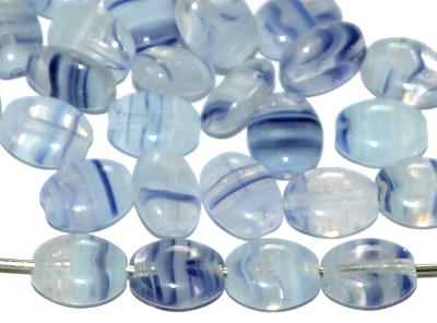 Glasperlen Olive flach, Mischglas opal kristall weiß blau marmoriert, hergestellt in Gablonz / Tschechien
