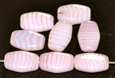 Glasperlen Olive flach, Alabasterglas weiß, rosa gestreift, hergestellt in Gablonz / Tschechien
