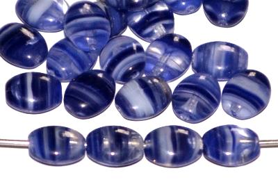 Glasperlen Olive flach, Mischglas kristall weiß blau marmoriert, hergestellt in Gablonz / Tschechien