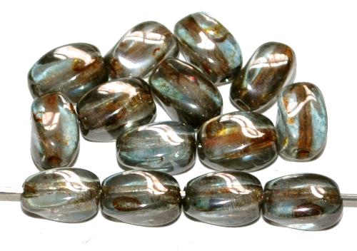 Glasperlen getwistet,
 aqua transp. mit picasso finish,
 hergestellt in Gablonz Tschechien