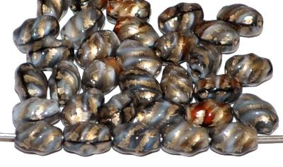 Glasperlen Oliven,
 multicolor marmoriert mit metallic finish,
 hergestellt in Gablonz / Tschechien