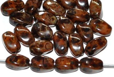 Glasperlen getwistet,
 Alabasterglas braun mit picasso finish,
 hergestellt in Gablonz / Tschechien