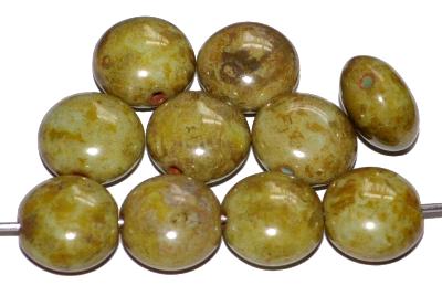 Glasperlen Linsen,
 grün opak mit picasso finish,
 hergestellt in Gablonz / Tschechien