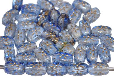 Glasperlen Rechtecke
 Mischglas blau weiß mit eingeprägtem Ornament und metallic finish,
 hergestellt in Gablonz / Tschechien