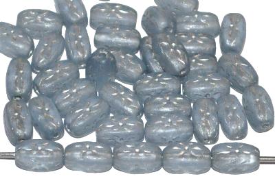 Glasperlen Rechtecke
 blaugrau transp, mit eingeprägtem Ornament und metallic finish,
 hergestellt in Gablonz / Tschechien