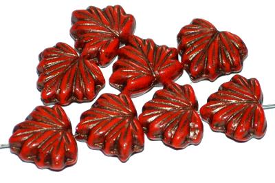 Glasperlen Blätter
 rot opak mit antikbronze Auflage und lüster, hergestellt in Gablonz / Tschechien