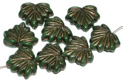Glasperlen Blätter
 dunkelgrün opak mit antikbronze Auflage und lüster, hergestellt in Gablonz / Tschechien