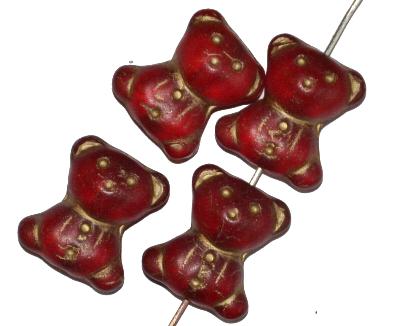 Glasperlen Bärchen, Vorderseite geprägt, rot transp. mattiert mit Goldauflage, hergestellt in Gablonz / Tschechien