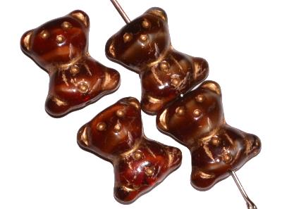 Glasperlen Bärchen, Vorderseite geprägt, rotbraun marmoriert mit Goldauflage, hergestellt in Gablonz / Tschechien