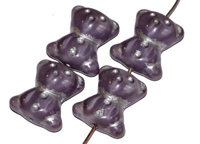 Glasperlen Bärchen, Vorderseite geprägt, Perlettglas violett mit Silberauflage, hergestellt in Gablonz / Tschechien