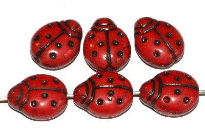 Glasperlen Marienkäferchen, Vorder-und Rückseite geprägt, rot opak, hergestellt in Gablonz / Tschechien