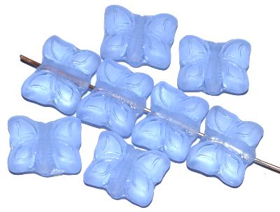 Glasperlen Schmetterlinge blau transp. mattiert, Vorder-und Rückseite geprägt, hergestellt in Gablonz / Tschechien