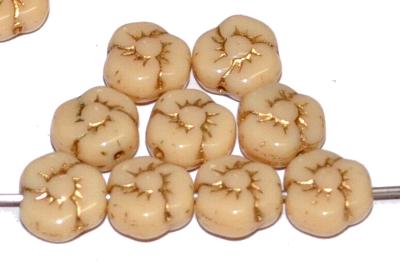 Glasperlen Blüten
 beige opak mit Goldauflage,
 hergestellt in Gablonz Tschechien