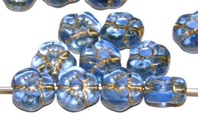 Glasperlen Blüten,
 aqua transp. mit Goldauflage,
 hergestellt in Gablonz Tschechien