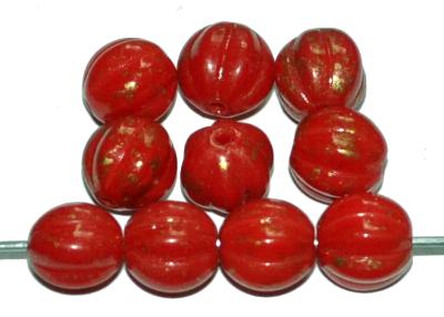 Glasperlen / Melonbeads
 rot opak mit gold finish,
 hergestellt in Gablonz / Tschechien