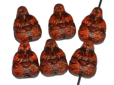 Buddha Glasperlen topas transp. mit antik bronze finish,
 Vorder- und Rückseite geprägt,
 nach alten Vorlagen aus den 1920 Jahren in Gablonz / Tschechien neu gefertigt
