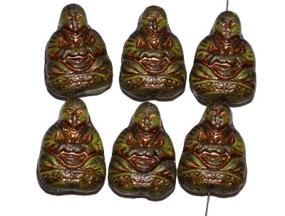 Buddha Glasperlen olivgrün transp. mit antik bronze finish, Vorder- und Rückseite geprägt, nach alten Vorlagen aus den 1920 Jahren in Gablonz / Tschechien neu gefertigt