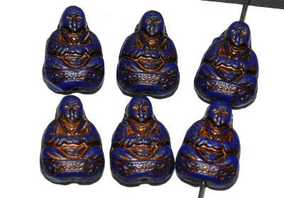 Buddha Glasperlen dunkeblau opak mit antik bronze finish,
 Vorder- und Rückseite geprägt,
 nach alten Vorlagen aus den 1920 Jahren in Gablonz / Tschechien neu gefertigt