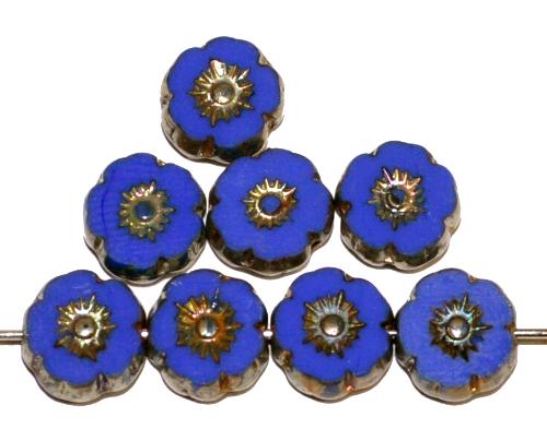 Glasperlen / Table Cut Beads Blüten geschliffen mittelblau opak mit burning silver picasso finish, hergestellt in Gablonz / Tschechien