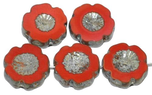 Glasperlen / Table Cut Beads Blüten geschliffen terracottarot opak transp. mit picasso finish, hergestellt in Gablonz Tschechien 