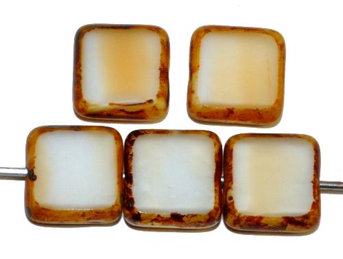 Glasperlen / Table Cut Beads geschliffen  weiß beige mit picasso finish, hergestellt in Gablonz / Tschechien