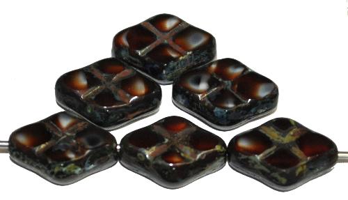 Glasperlen / Table Cut Beads geschliffen rot schwarz mit picasso finish, hergestellt in Gablonz Tschechien