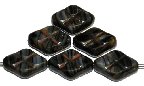 Glasperlen / Table Cut Beads geschliffen schwarz grau marmoriert mit picasso finish, hergestellt in Gablonz Tschechien
