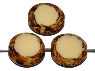 Glasperlen / Table Cut Beads geschliffen beige opak mit picasso finish, hergestellt in Gablonz / Tschechien