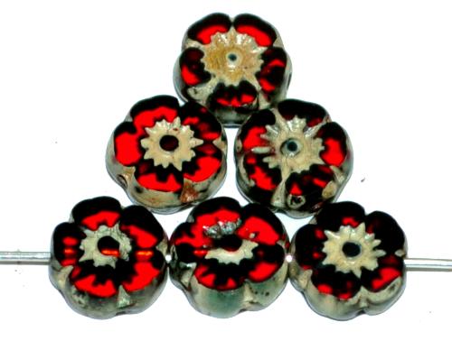 Glasperlen / Table Cut Beads Blüten geschliffen  dunkelrot transp. mit picasso finish,  hergestellt in Gablonz / Tschechien